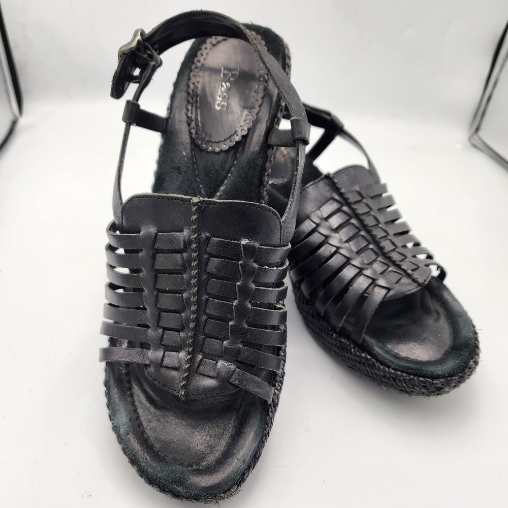 Bass Black Leather Strappy Wedge Sandal Size 7M Hook & Loop Slightly Used
